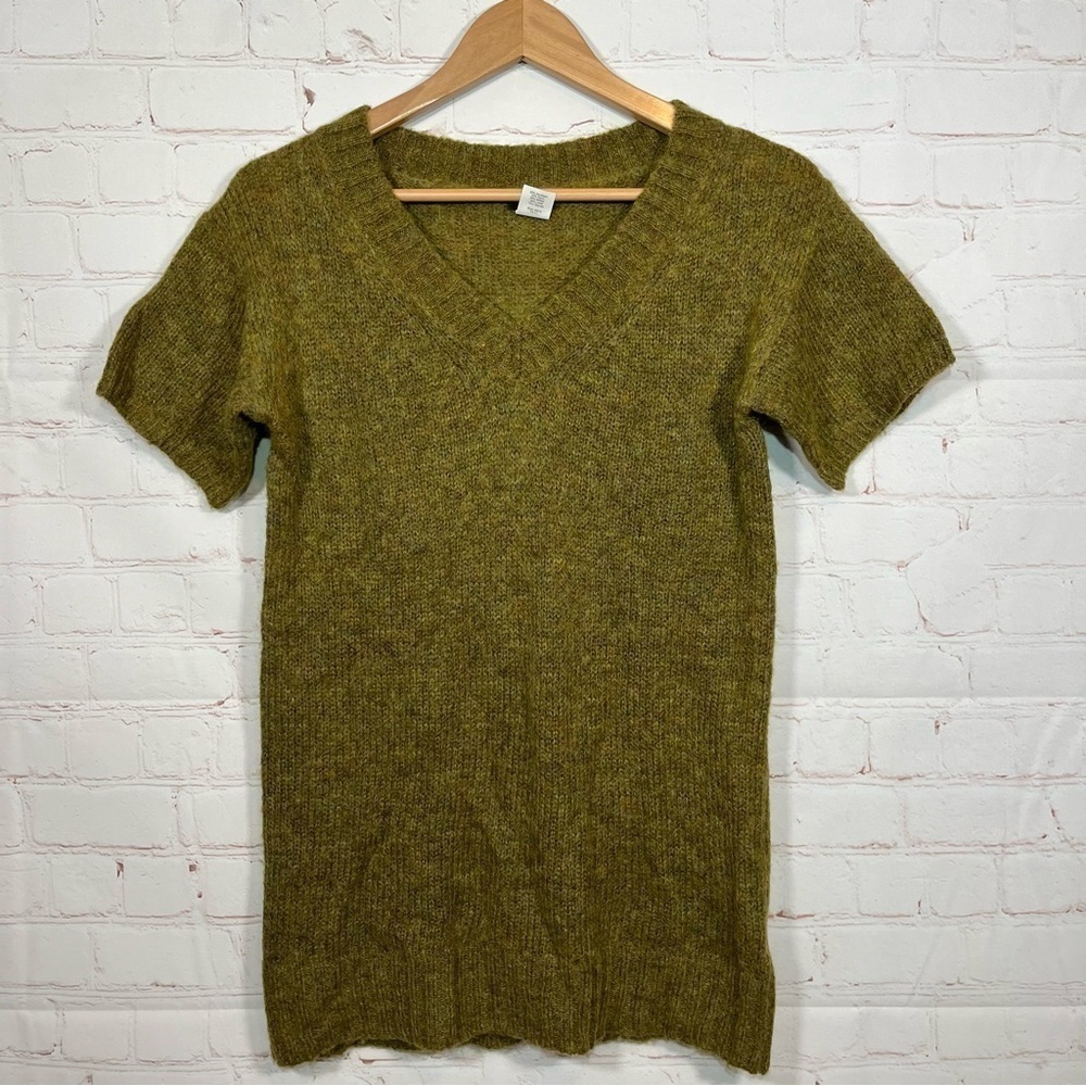 J Crew Sweater Tunic Womens Small Green Wool Mohair V Neck Short Sleeve Ribbed